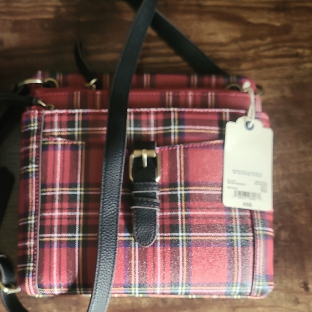NWT St Johns Bay Roomy Plaid Crossbody Bag - Red and Black